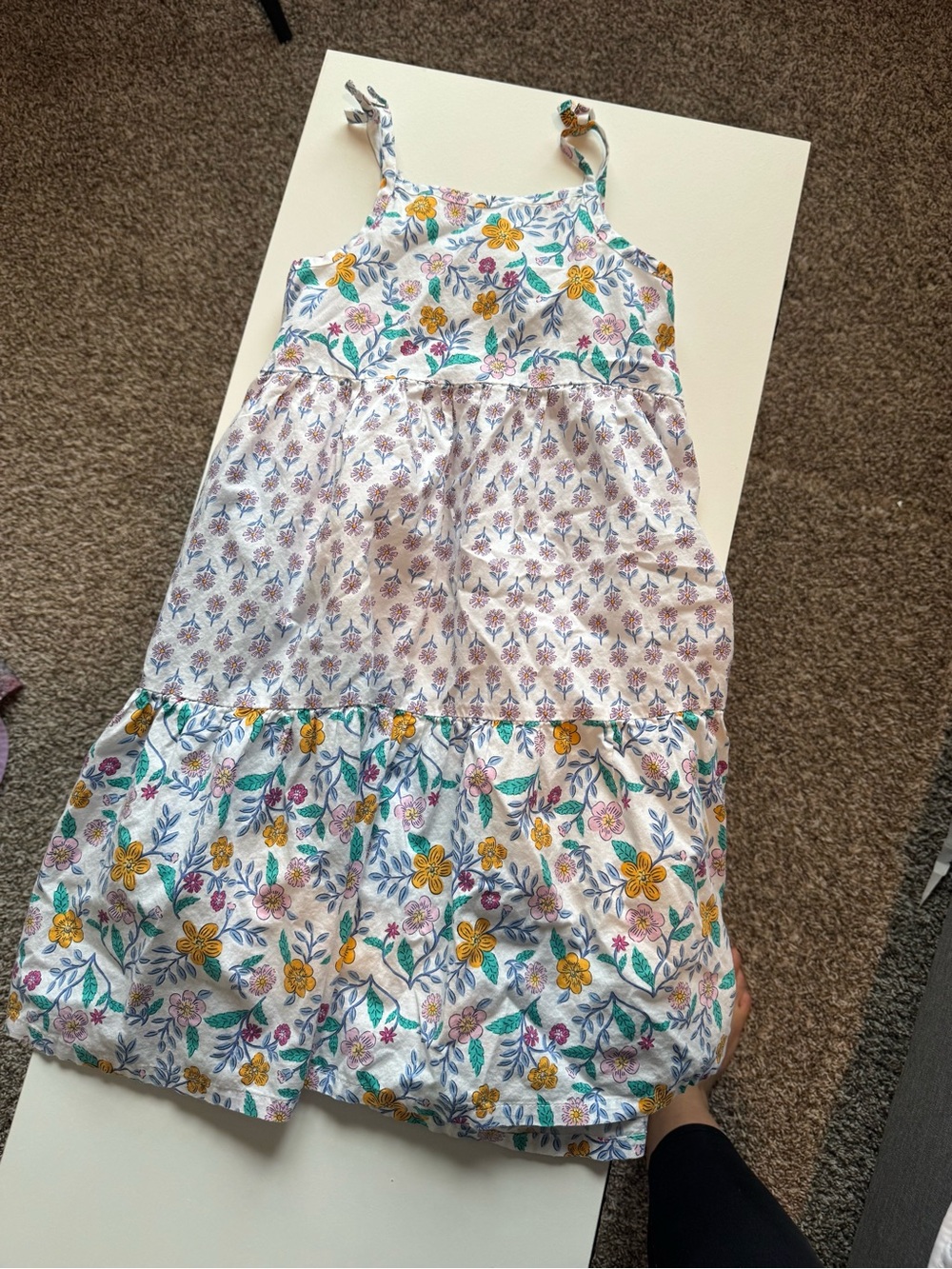 Girls' White Floral Tiered Sundress with Yellow Accents